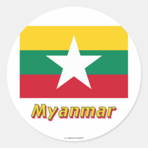 Myanmar-Flagge mit Namen Runder Aufkleber