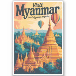 Myanmar Pagoden Illustration Reise Kunst Vintage Aufkleber