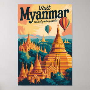 Myanmar Pagoden Illustration Reise Kunst Vintage Poster