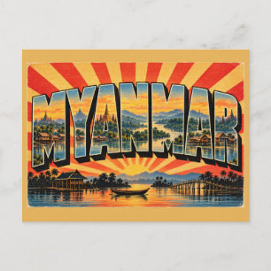 Myanmar-See-Pfahlbaudörfer Vintage-Reise-Kunst Postkarte