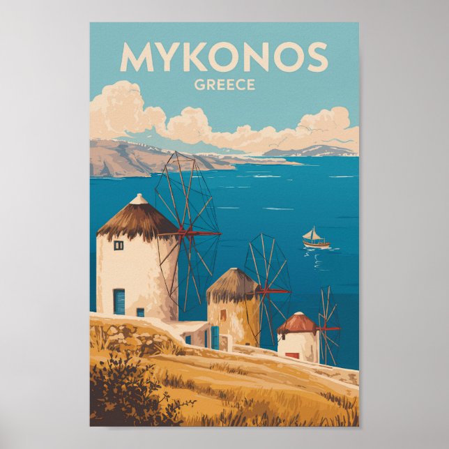 Mykonos Greece Illustration Travel Art Vintage Poster (Vorne)