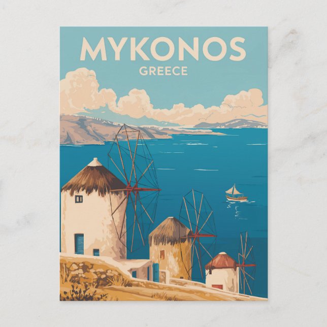 Mykonos Greece Illustration Travel Art Vintage Postkarte (Vorderseite)