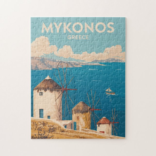 Mykonos Greece Illustration Travel Art Vintage Puzzle (Vertikal)