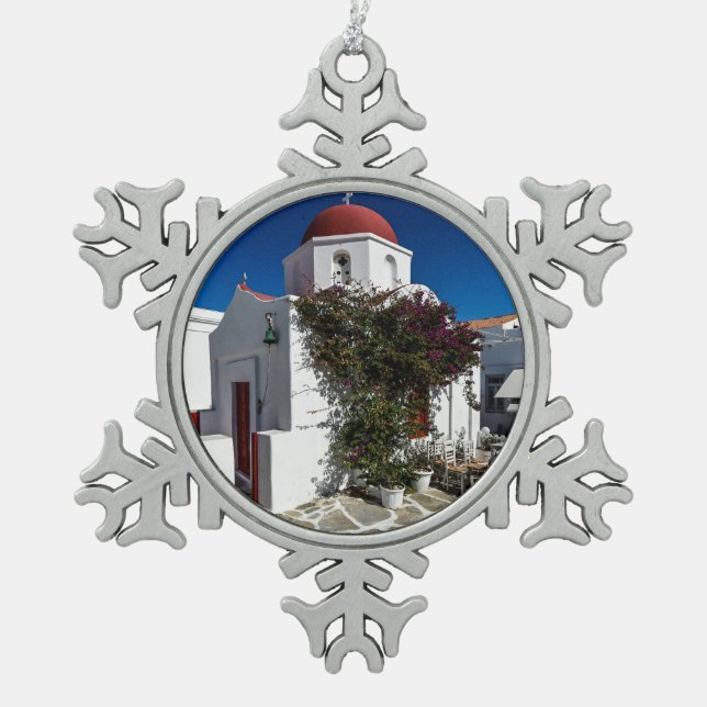 Mykonos Greece Travel Schneeflocken Zinn-Ornament (Vorderseite)