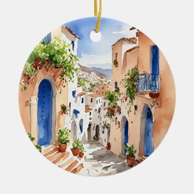 Mykonos Greece Watercolor Keramik Ornament (Vorne)