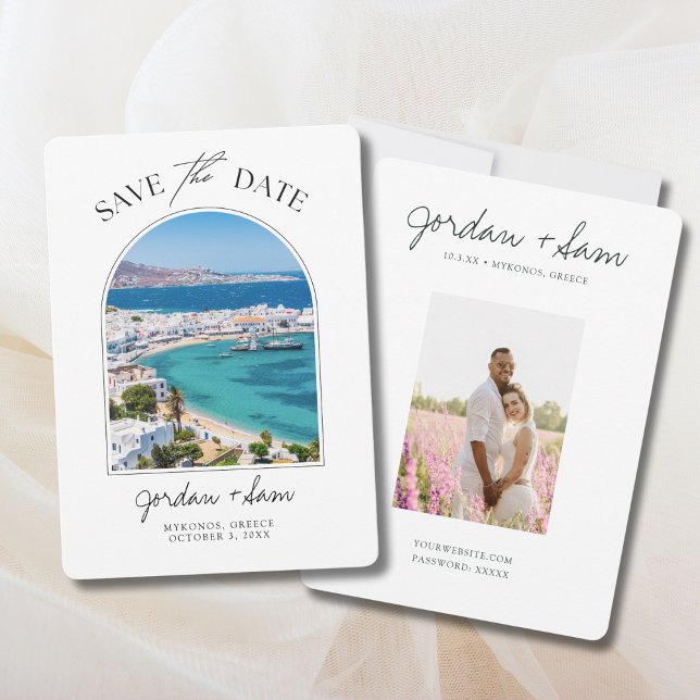 Mykonos Greece Wedding rettet das Datum Einladung (Mykonos Greece Wedding Photo Save the Date with Engagement picture)