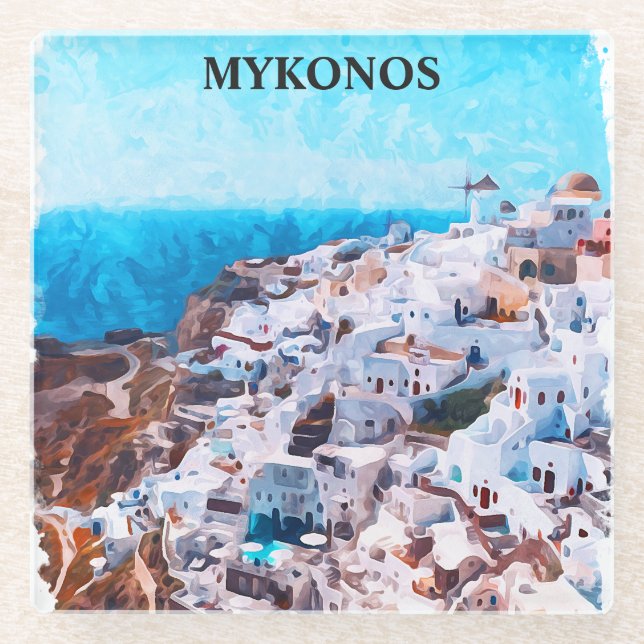 Mykonos Griechenland Aquarellmalerei Glasuntersetzer (Vorderseite)