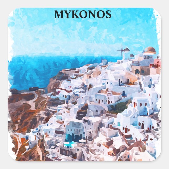 Mykonos Griechenland Aquarellmalerei Quadratischer Aufkleber (Vorderseite)