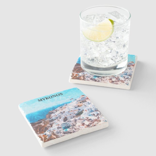 Mykonos Griechenland Aquarellmalerei Steinuntersetzer (Seitenansicht)