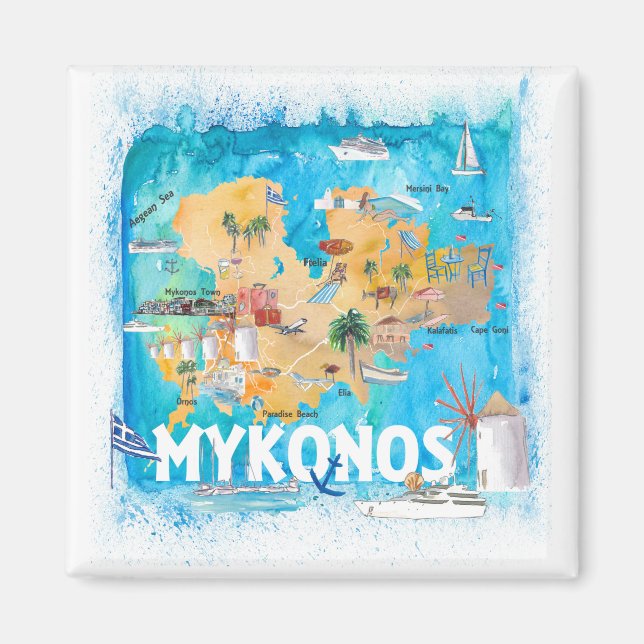 Mykonos Griechenland Illustriert Karte mit Sehensw Magnet (Vorne)