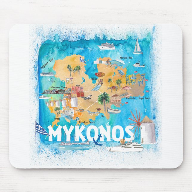 Mykonos Griechenland Illustriert Karte mit Sehensw Mousepad (Vorne)