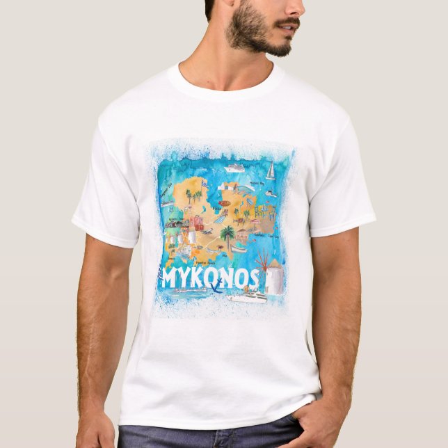 Mykonos Griechenland Illustrierte Karte mit Sehens T-Shirt (Vorderseite)