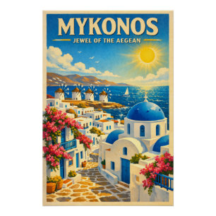 Mykonos, Griechenland, in einem klassischen Retro- Poster