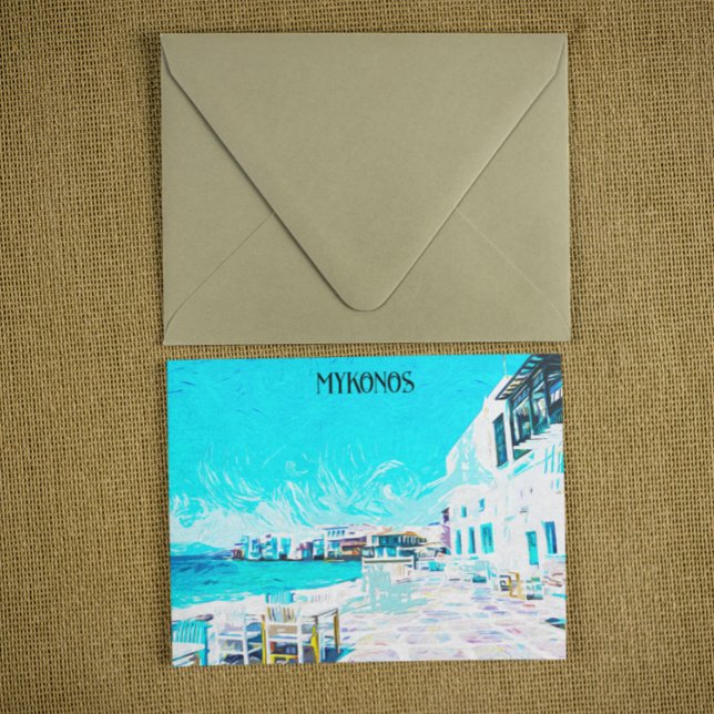 Mykonos Griechenland Ölpaint Illustration des Ägäi Postkarte (mykonos greece oil paint scenery)