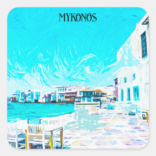 Mykonos Griechenland Ölpaint Illustration des Ägäi Quadratischer Aufkleber
