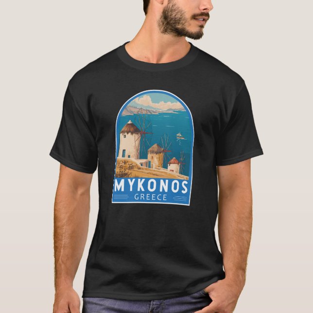 Mykonos Griechenland Reisen Kunstemblem T-Shirt (Vorderseite)