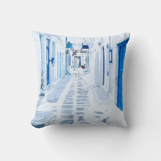 Mykonos Griechenland Wasserfarben Digitale Malerei Kissen (Vorderseite)