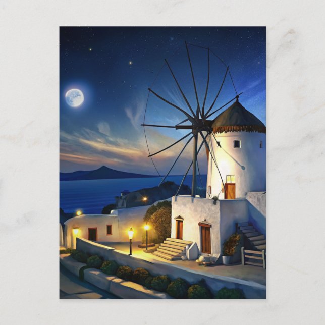 Mykonos, Griechenland Windmühle Night Postkarte (Vorderseite)