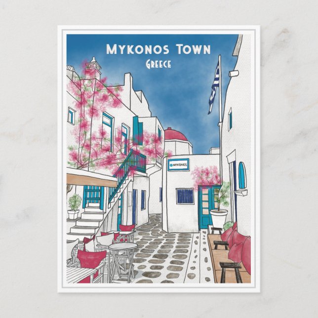 Mykonos Town Griechenland Reise Zeichnend Postkart Postkarte (Vorderseite)