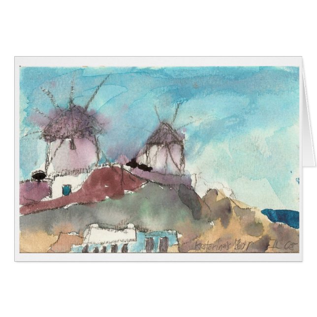 "Mykonos Windmühlen" Aquarell-Kunstkarte (Vorderseite (Horizontal))