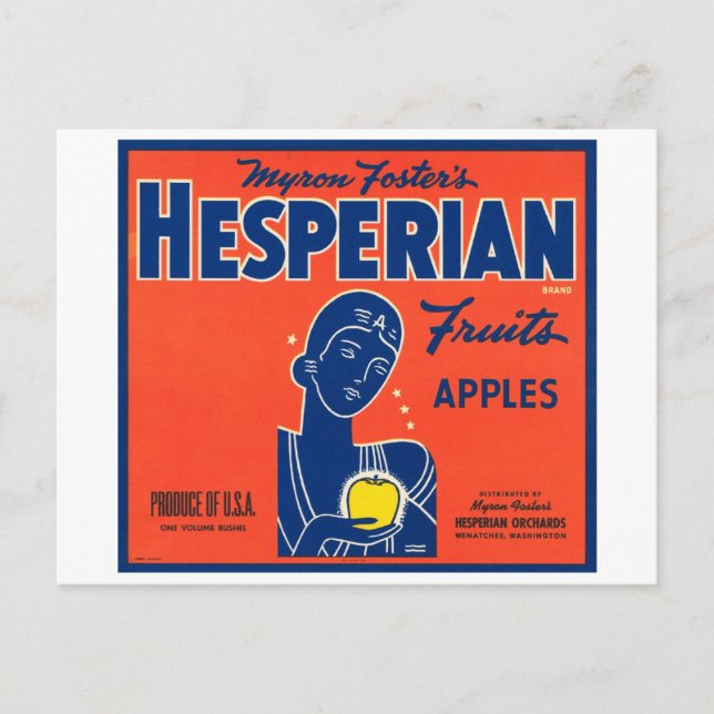 Myron Foster's Hesperian Frucht Apple Crate Labels Postkarte (Vorderseite)