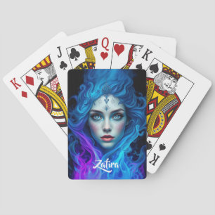 Mysterienfrau, die aus blauen und violetten Flamme Spielkarten