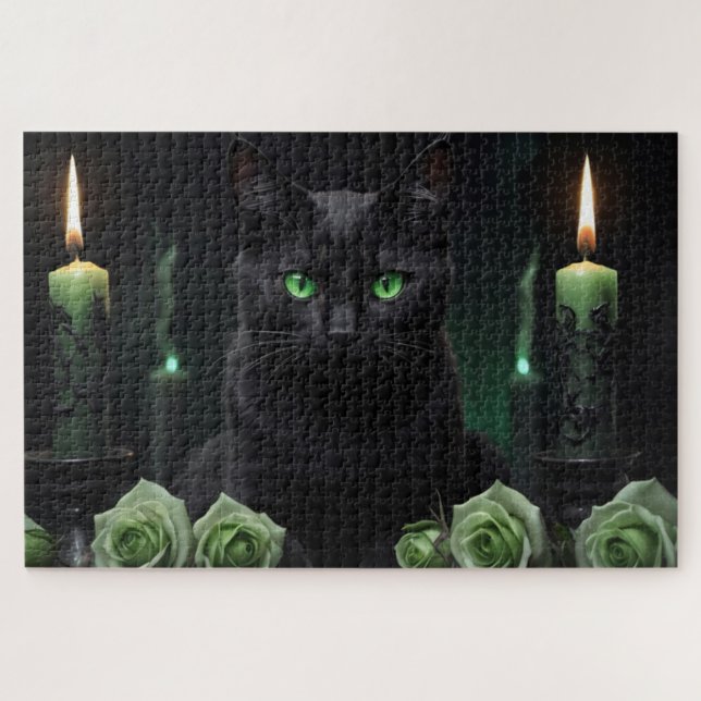 Mysteriöse Beängstigende Schwarze Katze mit grünen Puzzle (Horizontal)