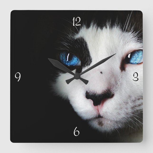 Mysteriöse blaue mit Augen Tuxedo-Katzen-Uhr Quadratische Wanduhr (Vorderseite)