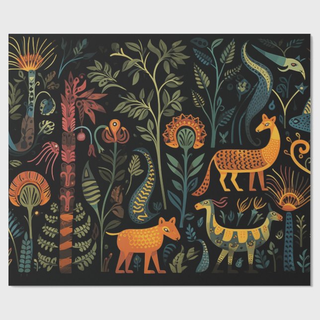 Mysteriöse Fantasy-Tiere auf schwarz Geschenkpapier (Flach)