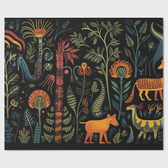 Mysteriöse Fantasy-Tiere auf schwarz Geschenkpapier (Flach)