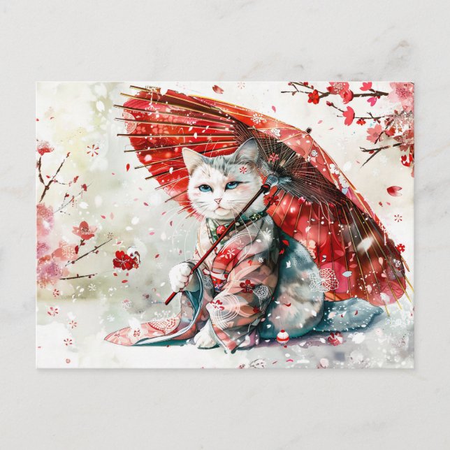 Mysteriöse Geisha Katze mit rotem Parasol Postkarte (Vorderseite)