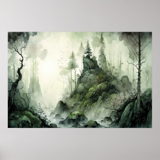 Mysteriöse Nebelwälder Wasserfarbe Poster