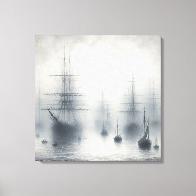 Mysteriöse Schiffe im Hafen von Foggy Leinwanddruck (Vorderseite)