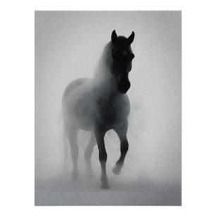 Mysteriöses Schwarzes Pferd, das aus dem Nebst auf Poster