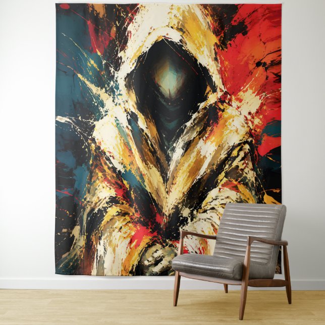 Mysterious Hooded Figure – Bold Abstract Wandteppich (Beispiel)