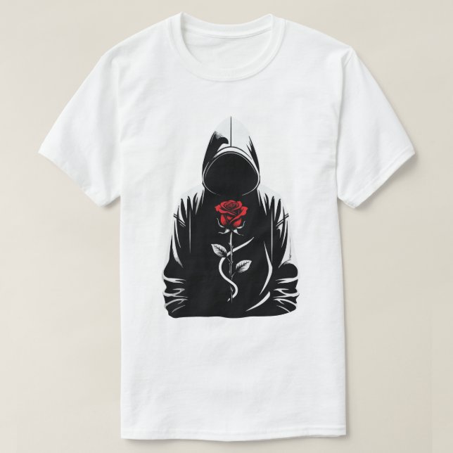 Mysterious Hooded Figure with Red Rose – Dark Love T-Shirt (Design vorne)