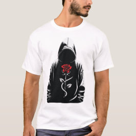 Mysterious Hooded Figure with Red Rose – Dark Love T-Shirt
