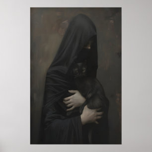 Mysterious Veil Lady Black Cat Art Portrait Poster