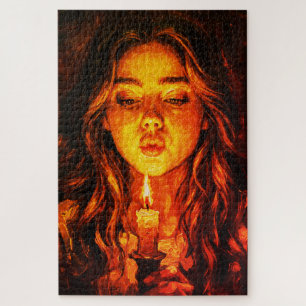 Mysterious Woman Blowing Candle Ölmalerei Puzzle