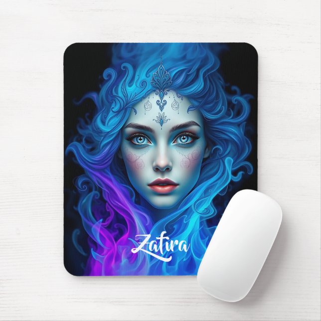 Mystery Woman Emerging from Blue & Purple Flames Mousepad (Mit Mouse)