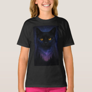Mystic Black Cat Starry Night Forest T-Shirt