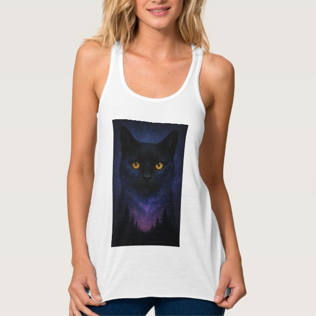 Mystic Black Cat Starry Night Forest Tank Top (Vorderseite)