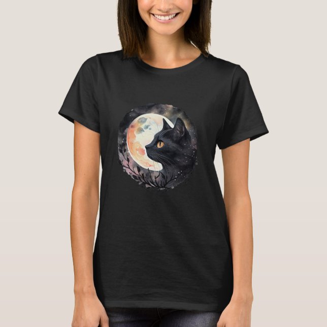 Mystic Black Cat Under Full Moon - Halloween Des T-Shirt (Vorderseite)