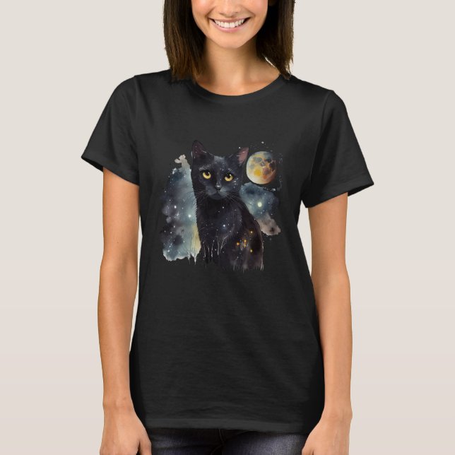 Mystic Black Cat Under Full Moon - Halloween Des T-Shirt (Vorderseite)