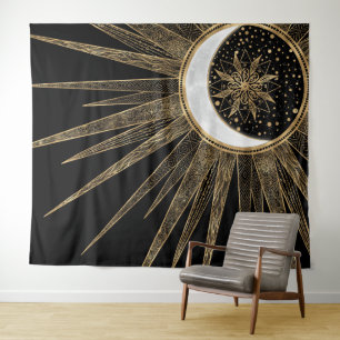 Mystic Black Gold Sun Moon Mandala Wandteppich