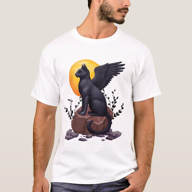 Mystic Black Winged Cat Under the Moon | Fantasy A T-Shirt (Vorderseite)