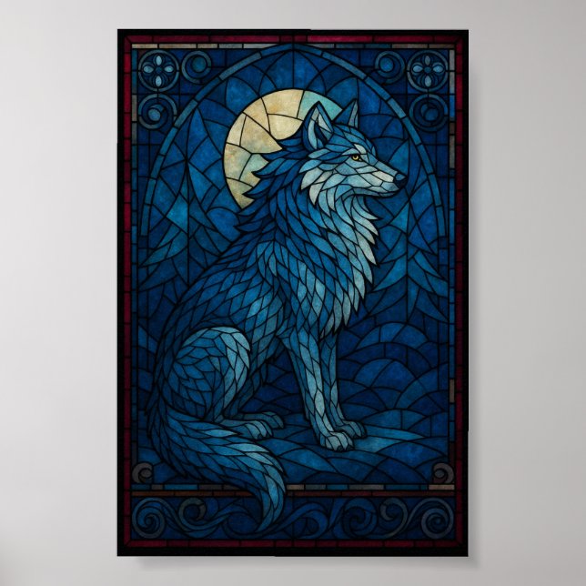 Mystic Blue Wolf – Stained Glass Style Wall Art Poster (Vorne)