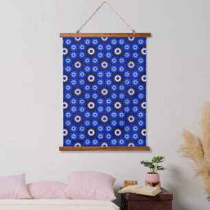 Mystic Blue Zellige Geometry Wandteppich Mit Holzrahmen