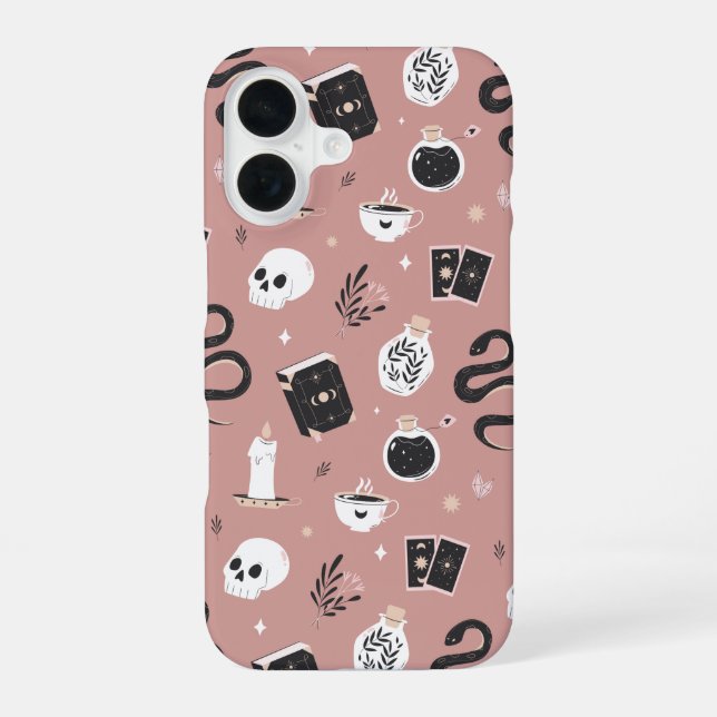 Mystic Boho Crystal Skull Snake Pattern iPhone 16 Hülle (Rückseite)