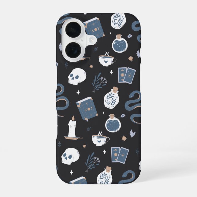 Mystic Boho Crystal Skull Snake Pattern iPhone 16 Hülle (Rückseite)